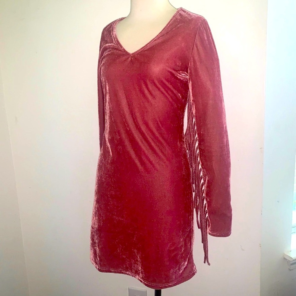 **Glamorous Velvet Blush Rose Mini Dress w/ Fringe Arm - Size S**